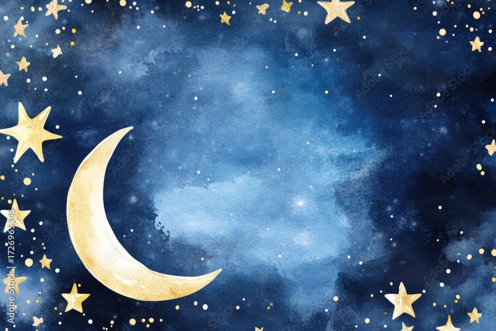Naklejka premium Whimsical night sky with crescent moon and golden stars on a deep blue background
