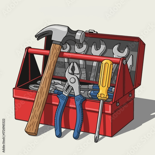 Vibrant red toolbox brimming with essential hand tools like hammers, pliers, and screwdrivers ready for any DIY project or repair task.