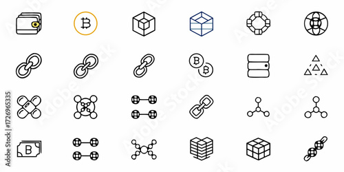 Line art icon sheet: cryptocurrency and connectivity