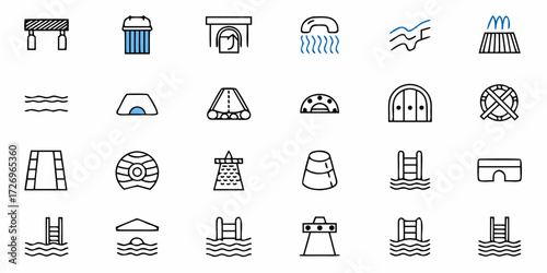 Swimming pool and water park icon set