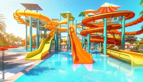 Wallpaper Mural Empty colorful waterslides in the resort aquapark with sea view, sunny day. Water slide with children pool in aqua park, summer fun activity, vacation leisure, holiday entertainment 3D illustration Torontodigital.ca