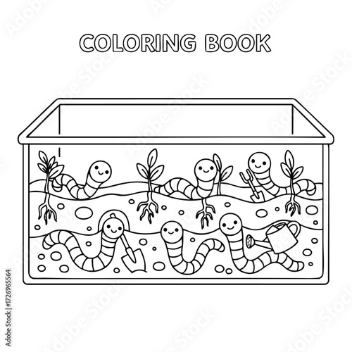 A whimsical scene featuring cheerful worms in a garden setting, surrounded by plants and gardening tools for fun activities.