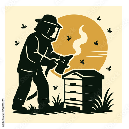 Beekeeper Inspecting Hive with Smoker — Beekeeping Worker Silhouette Vector
