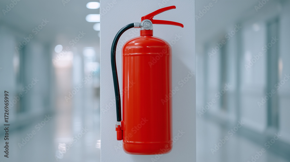 Obraz premium ÐÑÐ¾Ð³ÑÐ°Ð¼Ð° ChatGPT ÑÐºÐ°Ð·Ð°Ð»Ð°: Fire extinguisher in wall cabinet, bright red on white hospital wall, softly lit corridor, safety focus