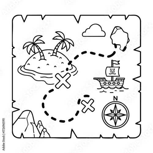 A whimsical treasure map featuring an island, palm trees, a pirate ship, and a compass for adventurous explorers.