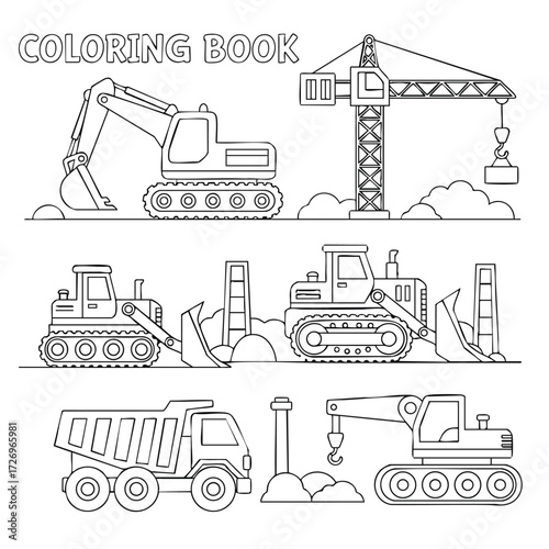 A collection of construction machinery and equipment outlined for coloring, featuring various vehicles and tools.