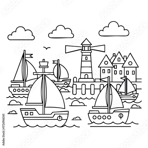 A serene coastal scene featuring sailboats, a lighthouse, and quaint houses under a cloudy sky.