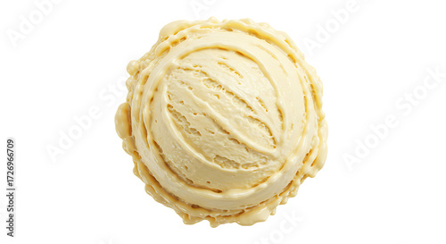 Overhead shot of a single vanilla ice cream scoop isolated on transparent background, showcasing its smooth texture and creamy color