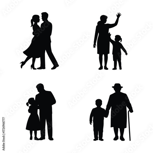 Diverse family and relationship silhouettes showcasing love connection and generations together