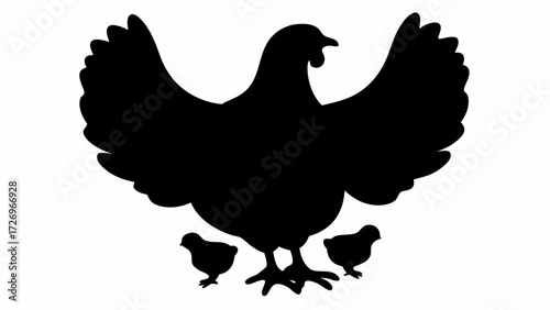 Protective mother hen shelters her two adorable chicks with spread wings