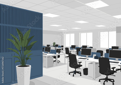 Professional business workspace interior featuring an open-plan layout with computer desks and modern furniture. Vector graphic design concept