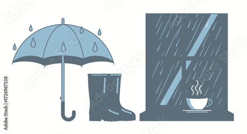 Umbrella, Boots, and Coffee by Window, Cozy Indoor Environment, Minimalist Viewpoint