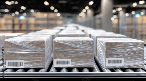 Organized supply room close-up, aligned boxes, glossy plastic wrap, spotlight on precision and sterility