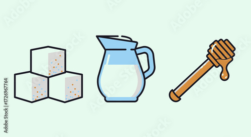 Milk, Sugar, and Honey Ingredients for a Delicious Drink, Kitchen Setting, Illustration View