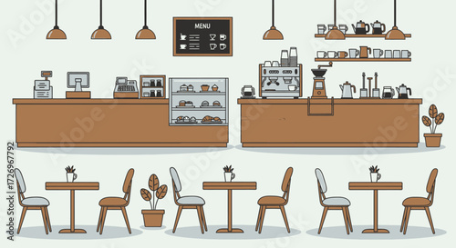 Café Interior Design, Coffee Shop Ambience, Cozy Atmosphere, Illustrative Art, Modern Style