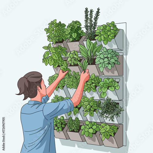 Woman tending to a vibrant vertical herb garden, harvesting fresh greens for healthy modern living and culinary inspiration