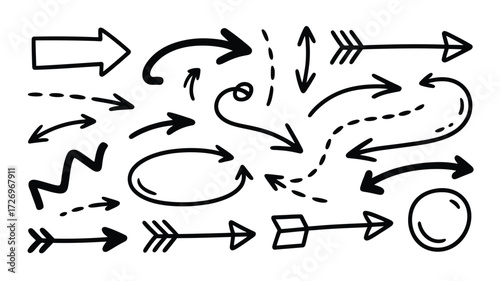 Dynamic hand-drawn arrow collection for creative direction and navigation projects, perfect for presentations, infographics, and web design enhancement