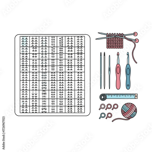Discover your next crafting project with this vibrant collection of knitting and crochet tools, including patterns, hooks, needles, and yarn.