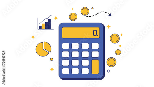 Calculator with charts and currency icons representing financial analysis and processing