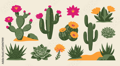 Vibrant Desert Plants and Cacti Illustration, Nature Art, Scenic Desert Environment, Digital Artwork, Colorful Succulents and Flowers