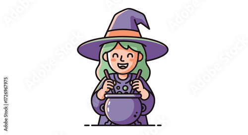 A cute cartoon witch with green hair and a purple hat stirring a cauldron with a happy expression.