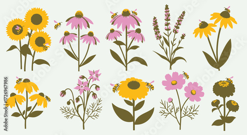 Vibrant Floral Arrangement, Botanical Illustrations, Nature, Digital Art, Whimsical Style, Colorful Landscape