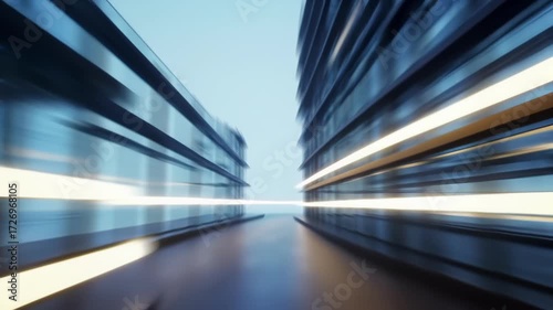 Stylized 3d animation of a fast flight through a futuristic street between modern glass buildings with glowing lights
