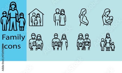 Diverse family icon set showing relationships growth togetherness and parenthood