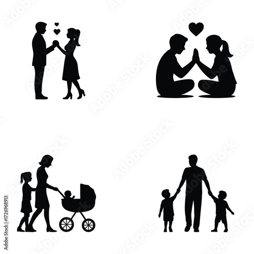 Diverse family and relationship silhouettes representing love connection and parenthood moments