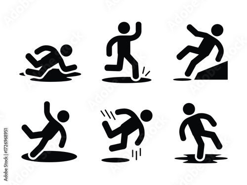 Cautionary stick figures showcase common tripping and falling hazards, perfect for safety campaigns, risk awareness, and prevention education designs