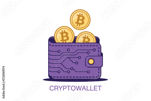 Digital cryptocurrency wallet overflowing with Bitcoin coins, symbolizing financial investment and secure transactions for business
