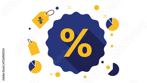 Percent sign badge with price tag and chart icons symbolizing discount, finance, and calculation