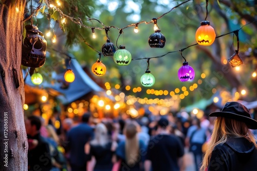 Witch at vibrant halloween festival with glowing lanterns and market stalls