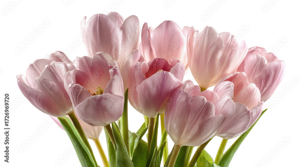 Obraz premium Beautiful bouquet of pink tulips, fresh and vibrant against a white background.
