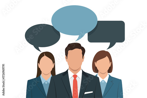 Business team brainstorming innovative ideas with speech bubbles, teamwork and collaboration concept, vector illustration for modern business communications