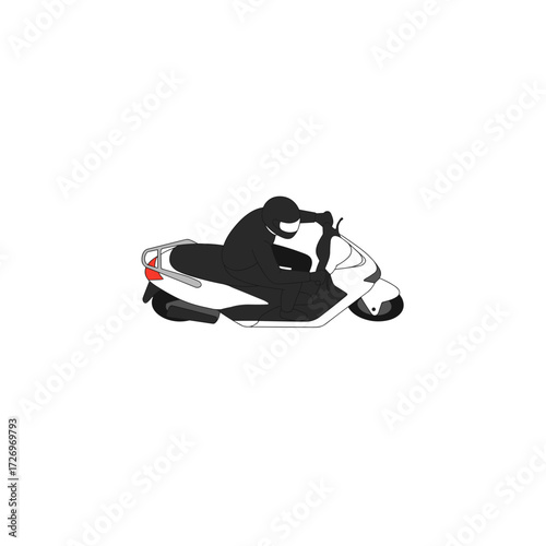 Man in a helmet riding a scooter isolated, top view