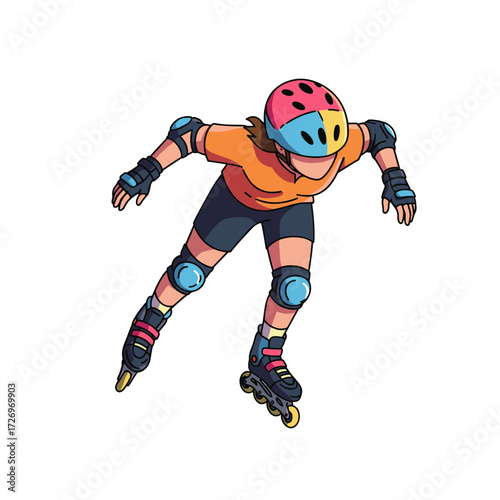 Young girl roller skating  in protective gear,isolated, top view