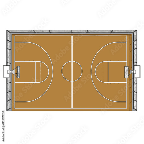 Fenced basketball court, top view