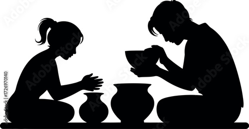 People crafting pottery together silhouette clay