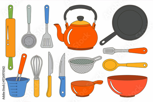 Colorful Kitchen Utensils Illustration Featuring Cookware and Baking Tools for Culinary Arts and Home Cooking Enthusiasts