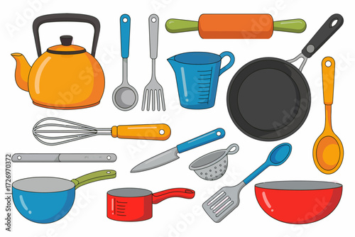 Colorful Kitchen Utensil Set Illustration Perfect for Cooking and Baking Enthusiasts and Culinary Arts Demonstrations Showcasing a Variety of Tools