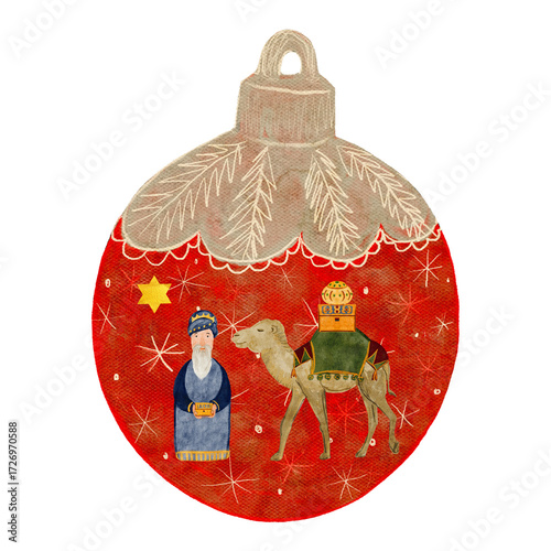 Christmas red tree ball with magi, gifts and camel isolated on white in watercolor. Illustration for textile, cards, Christmas, new year, invitations, posters, stickers, posters, totes decor. Nativity