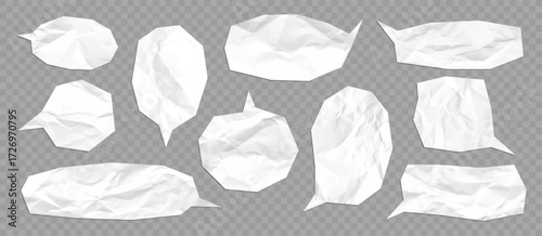 Vector paper cut speech bubbles with a wrinkled texture and shadow. Realistic crumpled paper mockup. Torn edges. Notebook page design template.