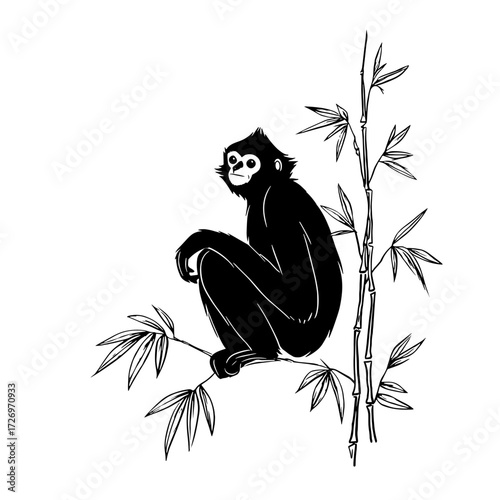 Gibbon. Gibbon simple black and white line art vector logo