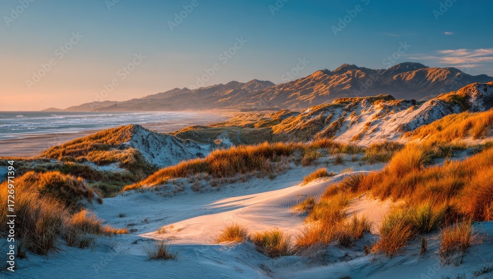 Naklejka premium Golden dunes meet ocean at sunset