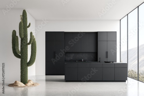 A modern kitchen design showcasing a tall saguaro cactus and sleek, dark cabinets against a bright backdrop.