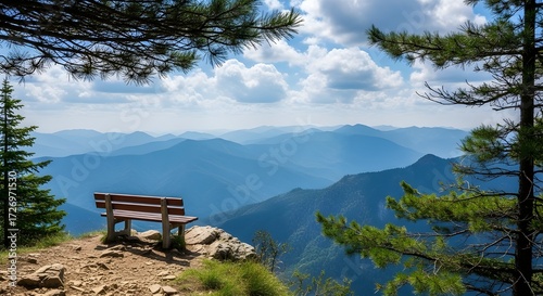 3d illustration of a wooden bench sits on a rocky outcrop overlooking a vast expanse of blue mountain ranges under a cloudy sky