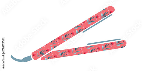 Hair straightener with watercolor pattern, vector illustration. Hand drawn effect, decorative design, isolated on white background. Beauty salon accessory, modern hair styling tool, fashionable flat 