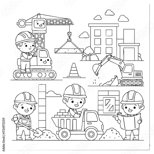 A playful construction scene featuring cheerful workers engaged in various building activities with machinery.