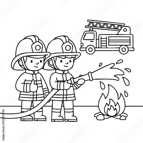Two young firefighters actively extinguishing a fire with a hose while a fire truck is in the .